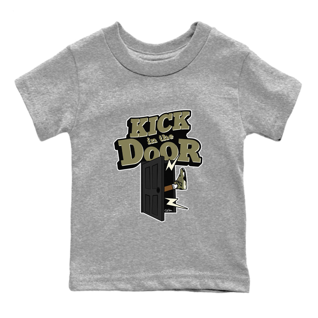 Air Jordan 4 Medium Olive shirt to match jordans Kick In The Door sneaker tees AJ4Medium Olive SNRT Sneaker Release Tees Baby Toddler Heather Grey 2 T-Shirt