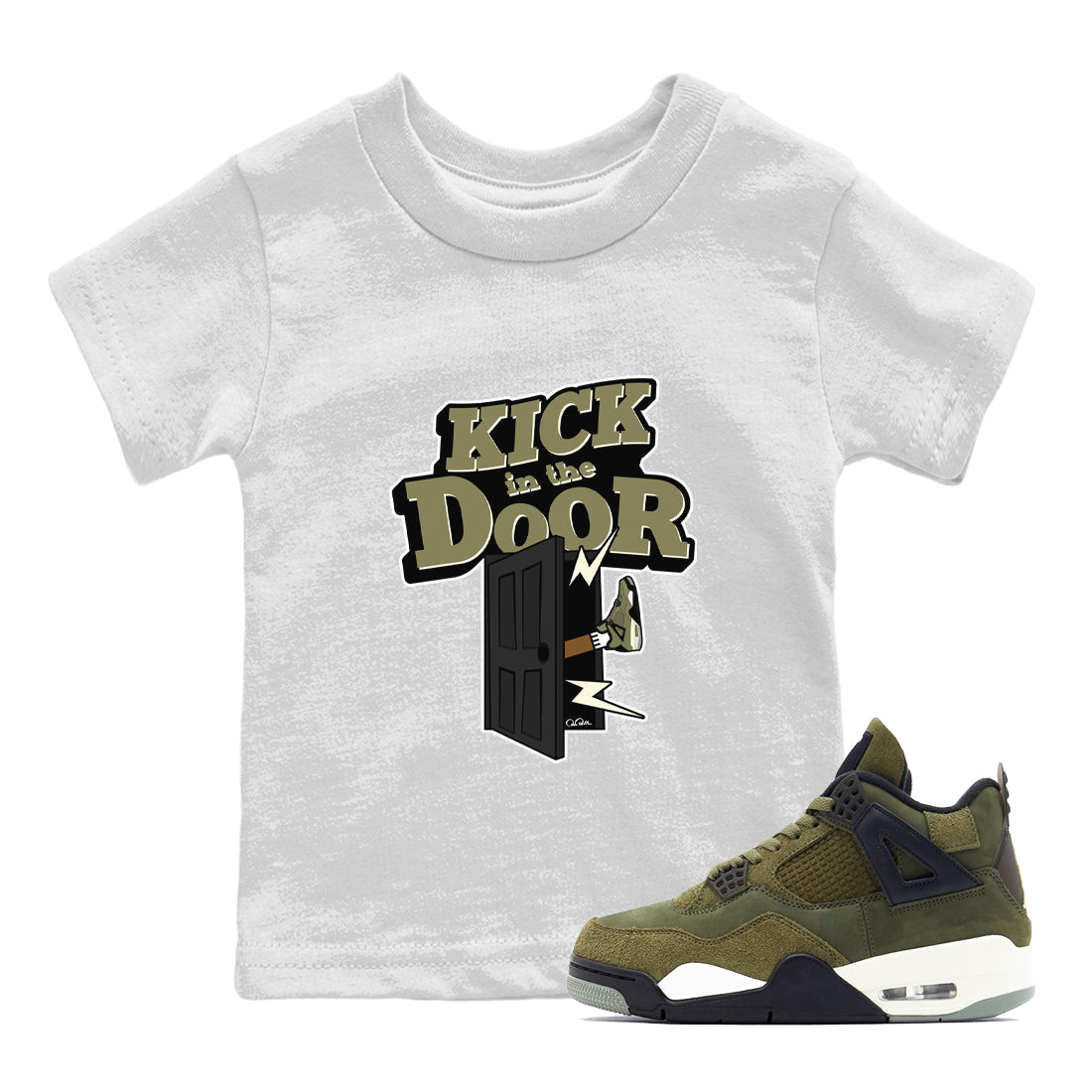 Air Jordan 4 Medium Olive shirt to match jordans Kick In The Door sneaker tees AJ4Medium Olive SNRT Sneaker Release Tees Baby Toddler White 1 T-Shirt
