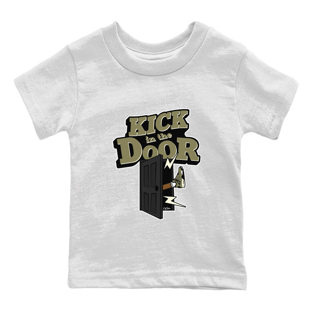 Air Jordan 4 Medium Olive shirt to match jordans Kick In The Door sneaker tees AJ4Medium Olive SNRT Sneaker Release Tees Baby Toddler White 2 T-Shirt