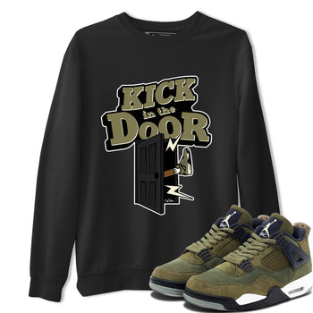 Air Jordan 4 Medium Olive shirt to match jordans Kick In The Door sneaker tees AJ4Medium Olive SNRT Sneaker Release Tees Unisex Black 1 T-Shirt