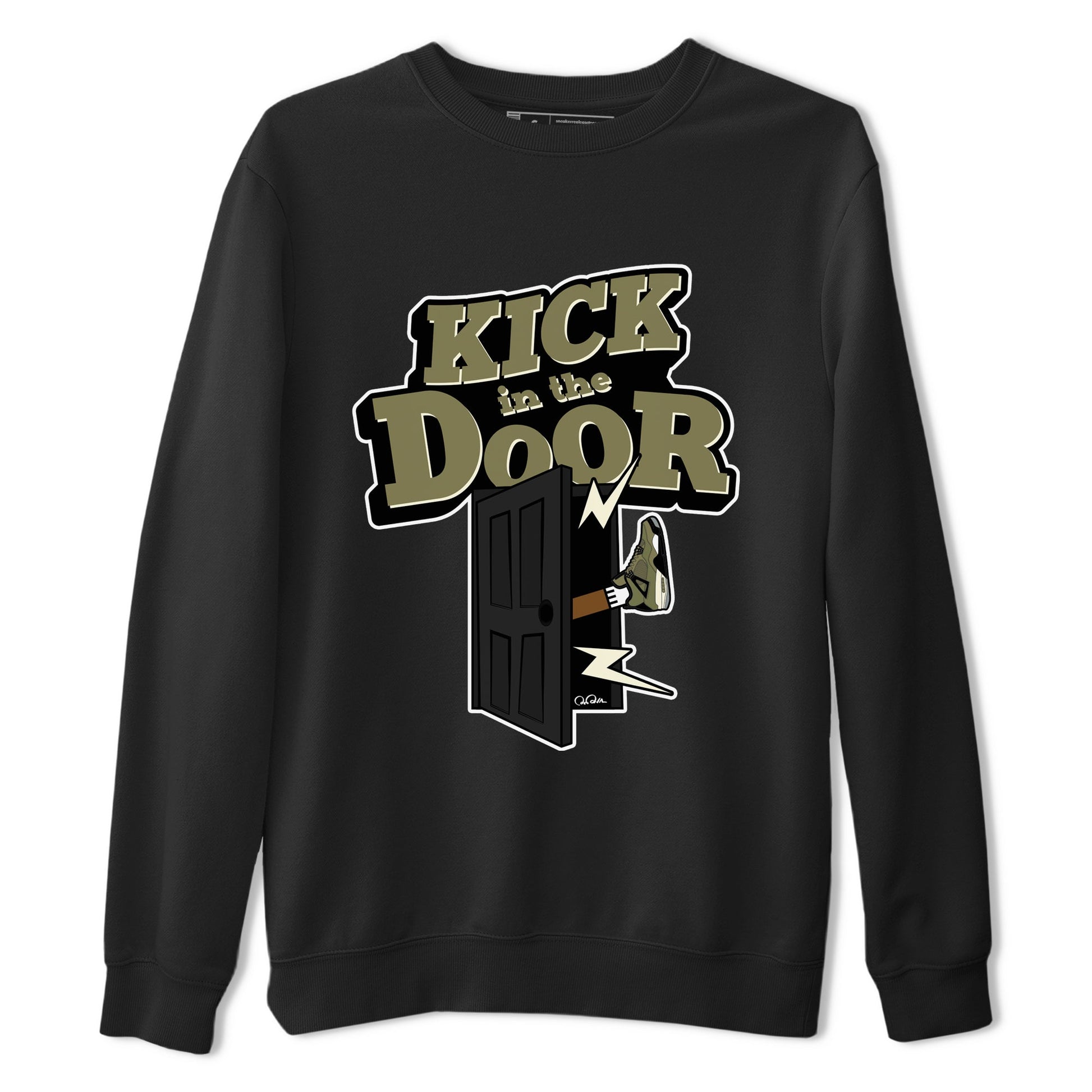 Air Jordan 4 Medium Olive shirt to match jordans Kick In The Door sneaker tees AJ4Medium Olive SNRT Sneaker Release Tees Unisex Black 2 T-Shirt
