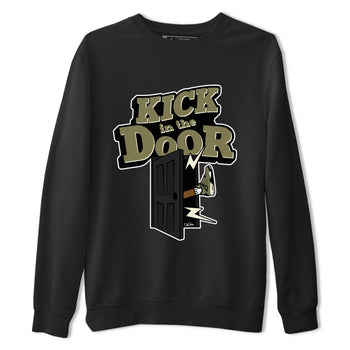 Air Jordan 4 Medium Olive shirt to match jordans Kick In The Door sneaker tees AJ4Medium Olive SNRT Sneaker Release Tees Unisex Black 2 T-Shirt