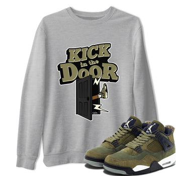 Air Jordan 4 Medium Olive shirt to match jordans Kick In The Door sneaker tees AJ4Medium Olive SNRT Sneaker Release Tees Unisex Heather Grey 1 T-Shirt