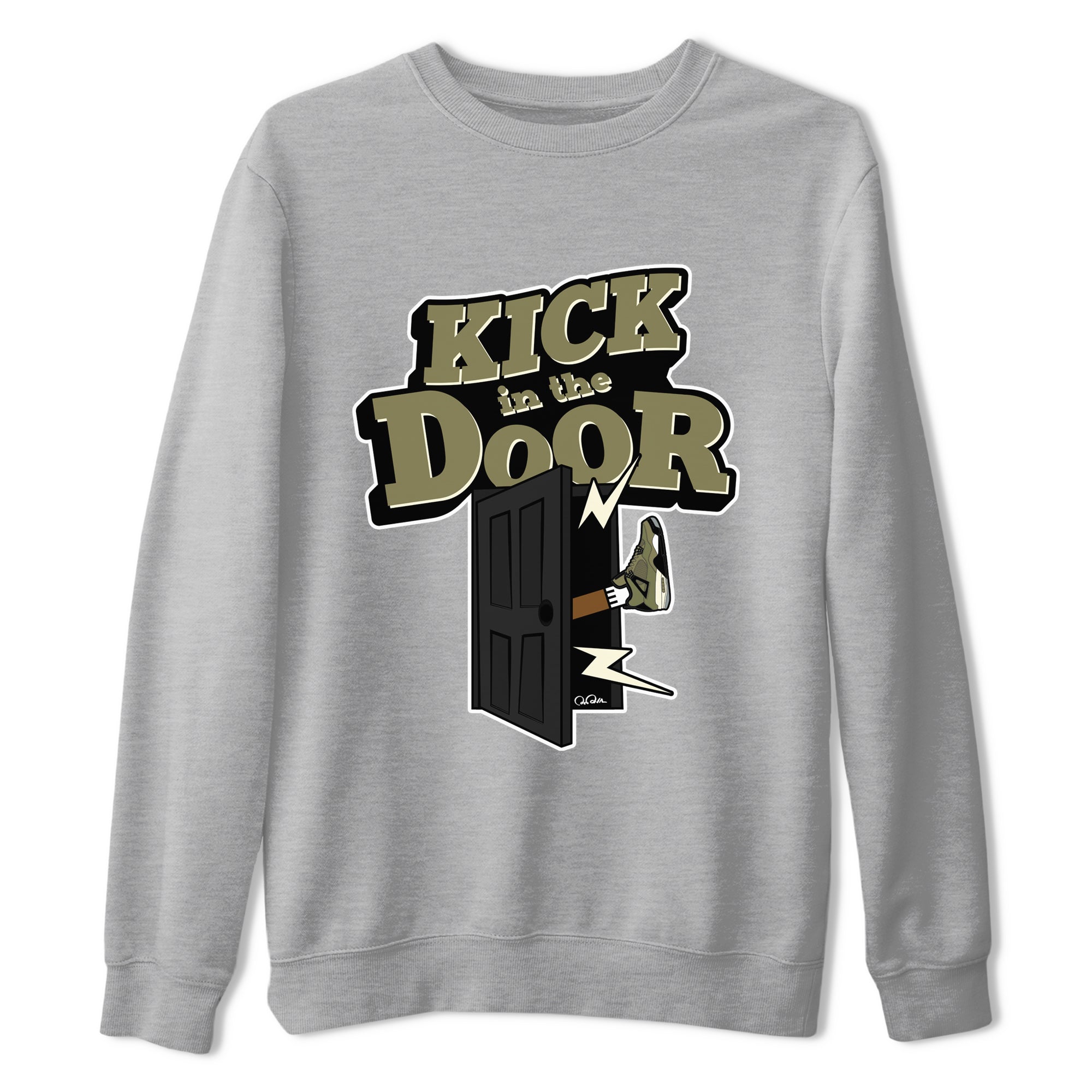 Air Jordan 4 Medium Olive shirt to match jordans Kick In The Door sneaker tees AJ4Medium Olive SNRT Sneaker Release Tees Unisex Heather Grey 2 T-Shirt