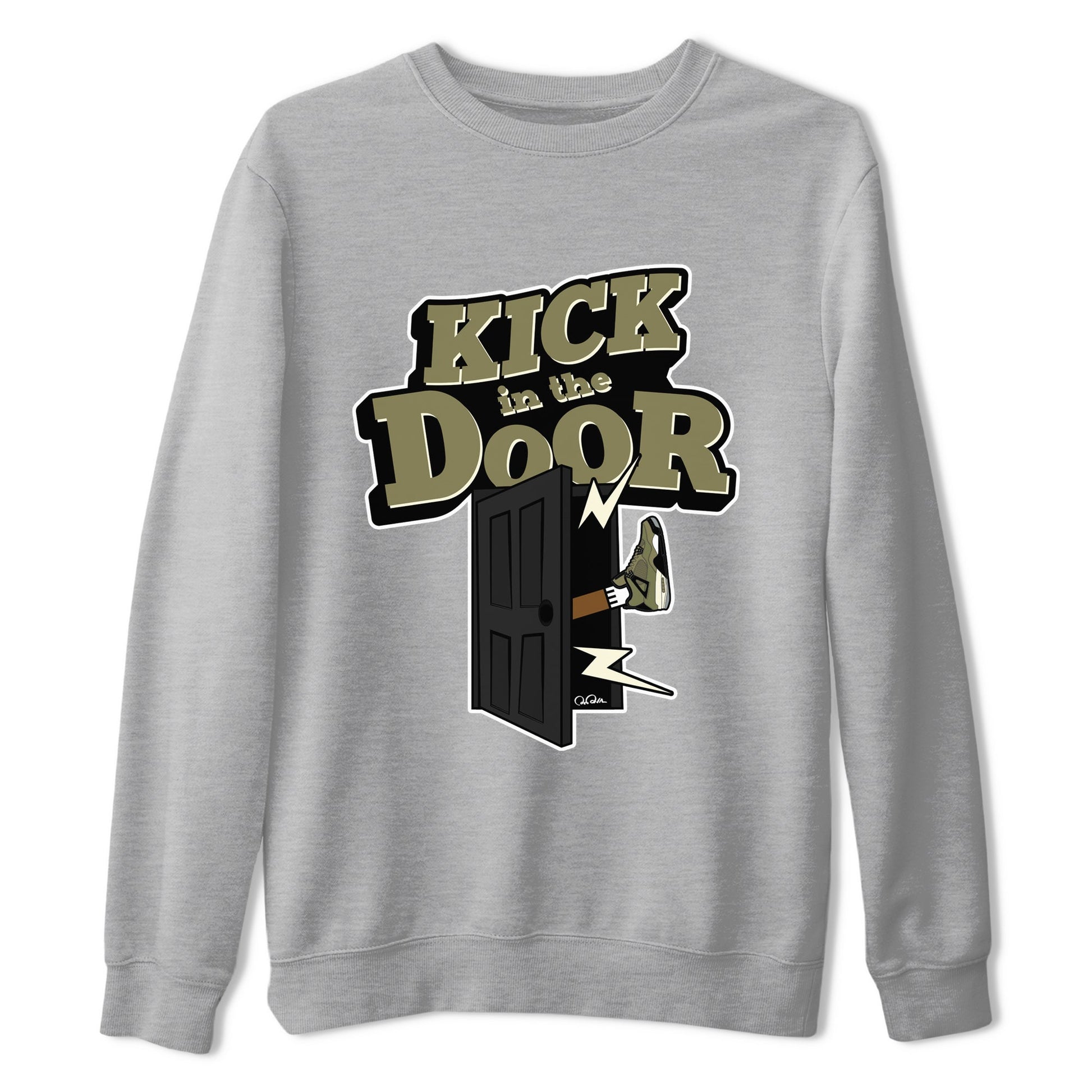 Air Jordan 4 Medium Olive shirt to match jordans Kick In The Door sneaker tees AJ4Medium Olive SNRT Sneaker Release Tees Unisex Heather Grey 2 T-Shirt