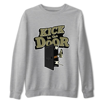 Air Jordan 4 Medium Olive shirt to match jordans Kick In The Door sneaker tees AJ4Medium Olive SNRT Sneaker Release Tees Unisex Heather Grey 2 T-Shirt