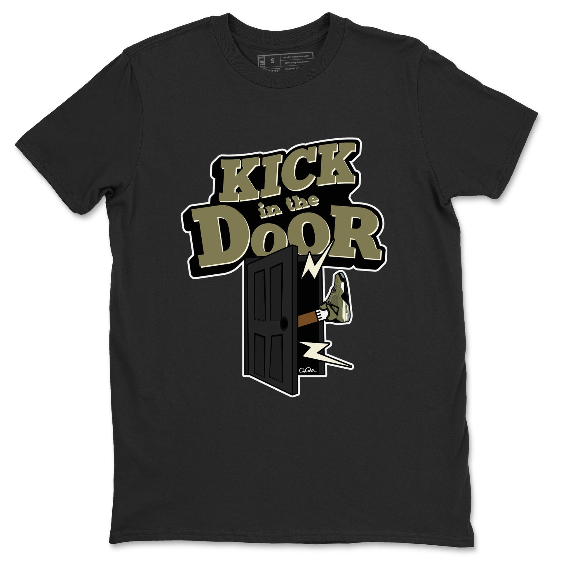Air Jordan 4 Medium Olive shirt to match jordans Kick In The Door sneaker tees AJ4Medium Olive SNRT Sneaker Release Tees Unisex Black 2 T-Shirt