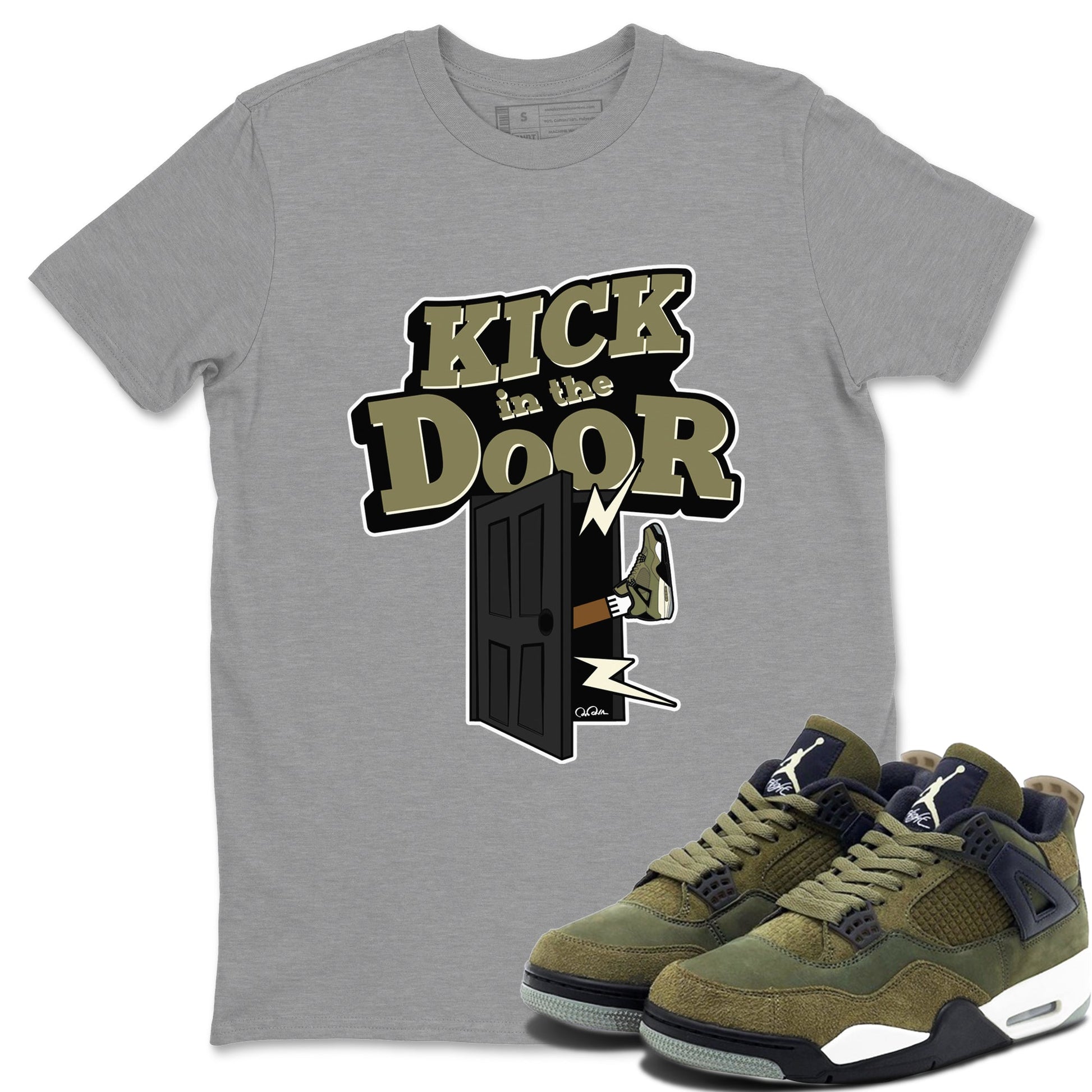 Air Jordan 4 Medium Olive shirt to match jordans Kick In The Door sneaker tees AJ4Medium Olive SNRT Sneaker Release Tees Unisex Heather Grey 1 T-Shirt