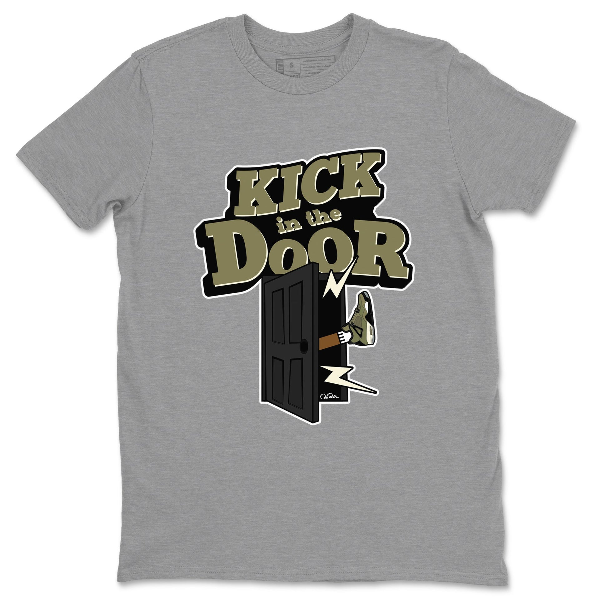 Air Jordan 4 Medium Olive shirt to match jordans Kick In The Door sneaker tees AJ4Medium Olive SNRT Sneaker Release Tees Unisex Heather Grey 2 T-Shirt