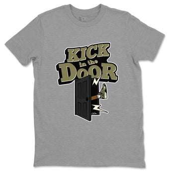 Air Jordan 4 Medium Olive shirt to match jordans Kick In The Door sneaker tees AJ4Medium Olive SNRT Sneaker Release Tees Unisex Heather Grey 2 T-Shirt