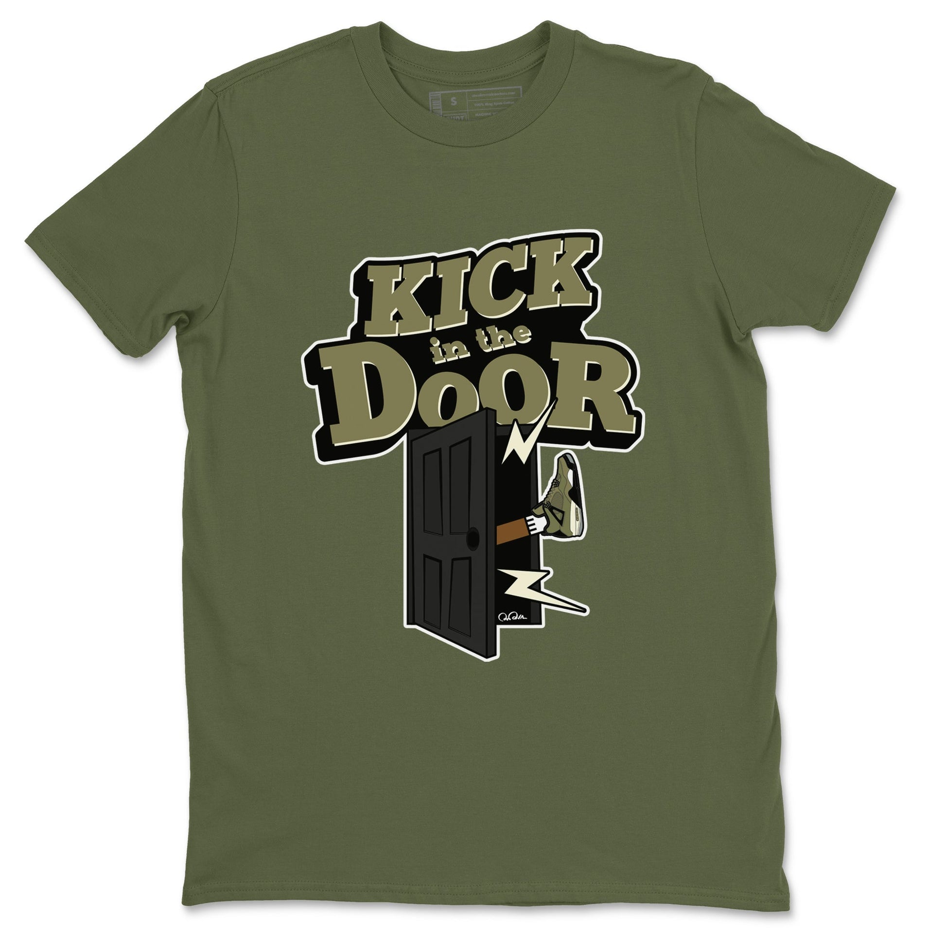 Air Jordan 4 Medium Olive shirt to match jordans Kick In The Door sneaker tees AJ4Medium Olive SNRT Sneaker Release Tees Unisex Military Green 2 T-Shirt