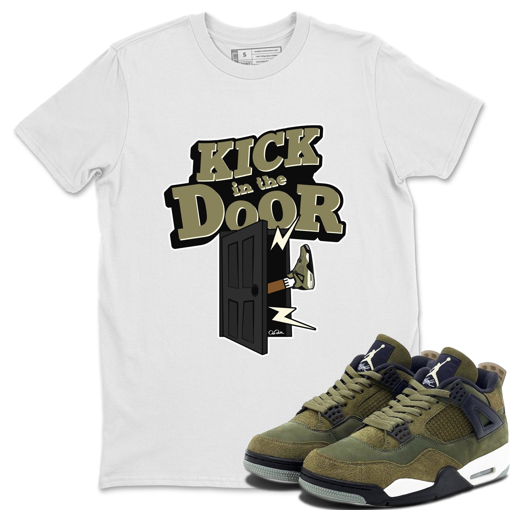 Air Jordan 4 Medium Olive shirt to match jordans Kick In The Door sneaker tees AJ4Medium Olive SNRT Sneaker Release Tees Unisex White 1 T-Shirt