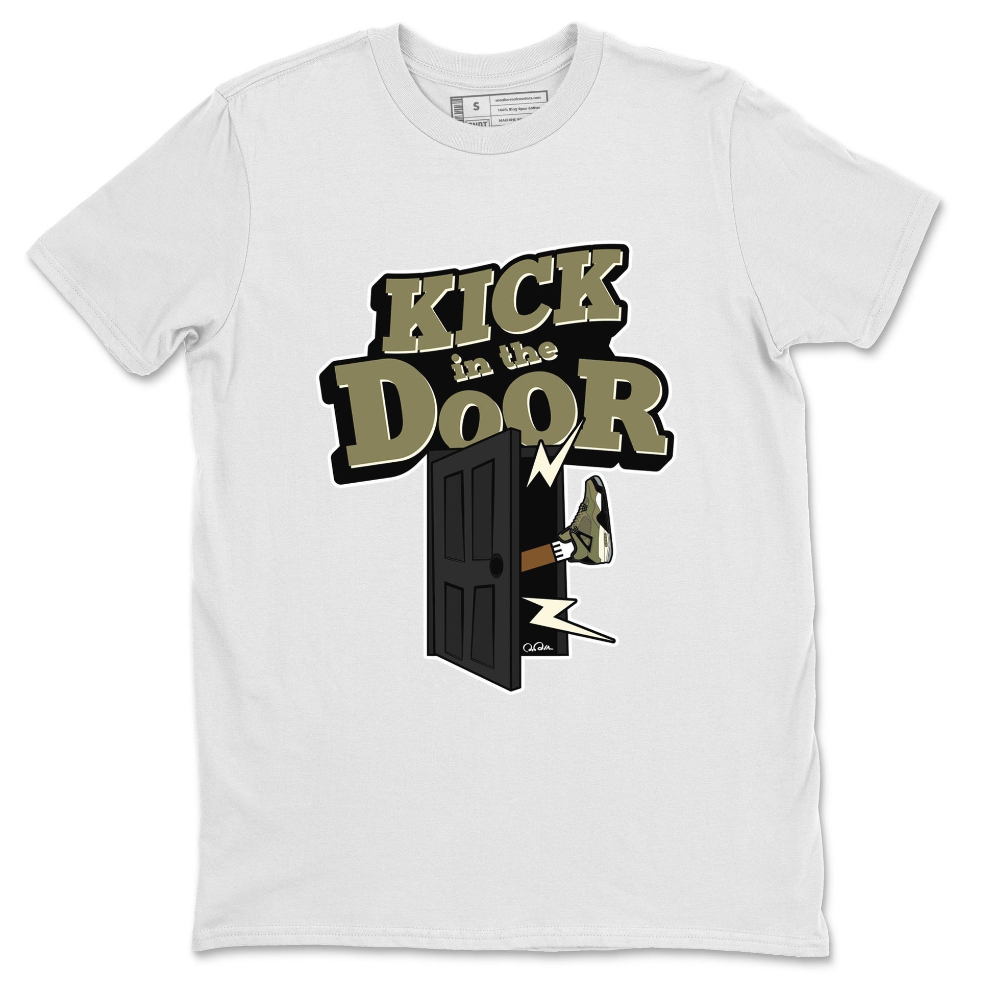 Air Jordan 4 Medium Olive shirt to match jordans Kick In The Door sneaker tees AJ4Medium Olive SNRT Sneaker Release Tees Unisex White 2 T-Shirt