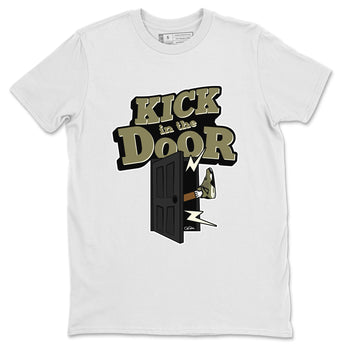 Air Jordan 4 Medium Olive shirt to match jordans Kick In The Door sneaker tees AJ4Medium Olive SNRT Sneaker Release Tees Unisex White 2 T-Shirt