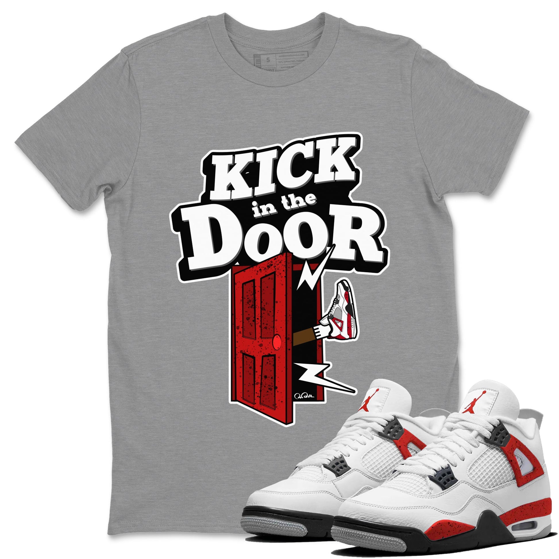 Air Jordan 4 Red Cement Sneaker Match Tees Kick In The Door Sneaker Tees AJ4 Red Cement Sneaker Release Tees Unisex Shirts Heather Grey 1