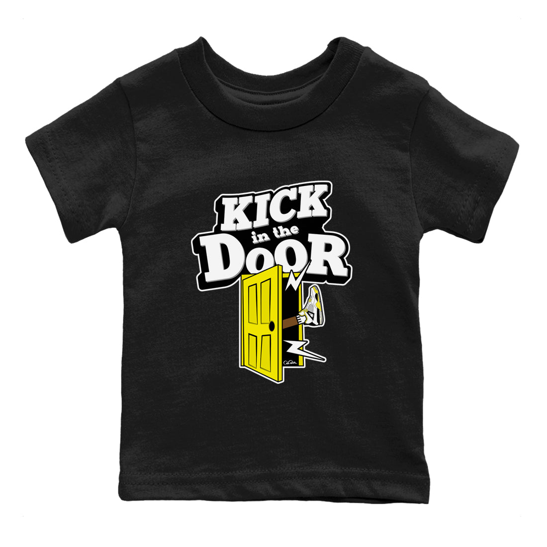 AJ4 Vivid Sulfur shirt to match jordans Kick In The Door sneaker tees Air Jordan 4 Vivid Sulfur SNRT sneaker release tees baby toddler Black 2 cotton Shirt