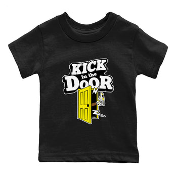 AJ4 Vivid Sulfur shirt to match jordans Kick In The Door sneaker tees Air Jordan 4 Vivid Sulfur SNRT sneaker release tees baby toddler Black 2 cotton Shirt