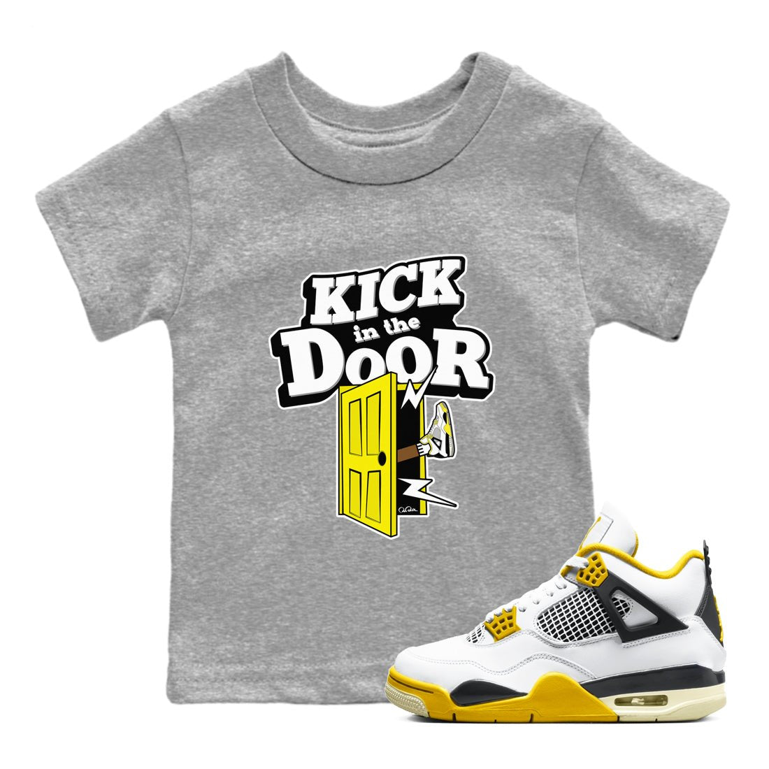 AJ4 Vivid Sulfur shirt to match jordans Kick In The Door sneaker tees Air Jordan 4 Vivid Sulfur SNRT sneaker release tees baby toddler Heather Grey 1 cotton Shirt
