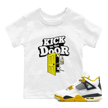 AJ4 Vivid Sulfur shirt to match jordans Kick In The Door sneaker tees Air Jordan 4 Vivid Sulfur SNRT sneaker release tees baby toddler White 1 cotton Shirt