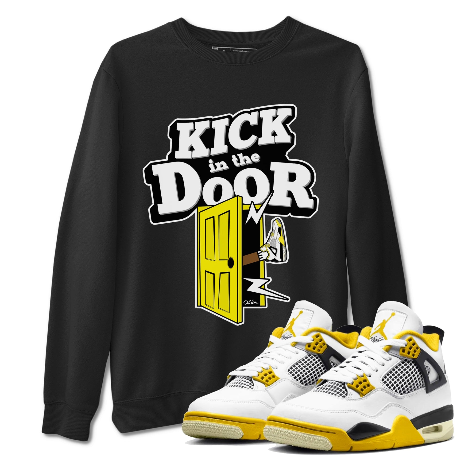 AJ4 Vivid Sulfur shirt to match jordans Kick In The Door sneaker tees Air Jordan 4 Vivid Sulfur SNRT Sneaker Release Tees unisex cotton Black 1 crew neck shirt