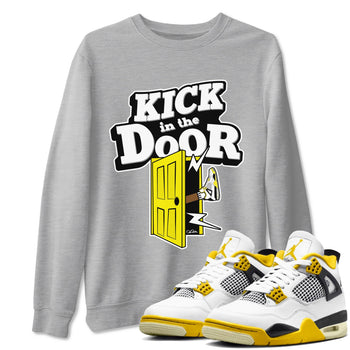 AJ4 Vivid Sulfur shirt to match jordans Kick In The Door sneaker tees Air Jordan 4 Vivid Sulfur SNRT Sneaker Release Tees unisex cotton Heather Grey 1 crew neck shirt