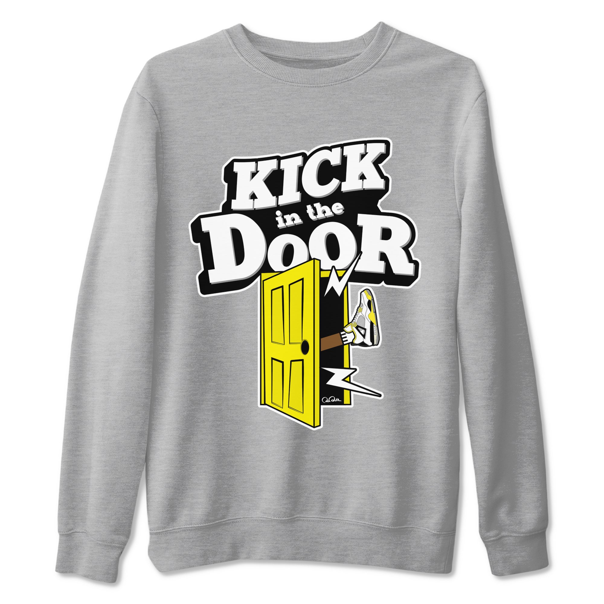 AJ4 Vivid Sulfur shirt to match jordans Kick In The Door sneaker tees Air Jordan 4 Vivid Sulfur SNRT Sneaker Release Tees unisex cotton Heather Grey 2 crew neck shirt