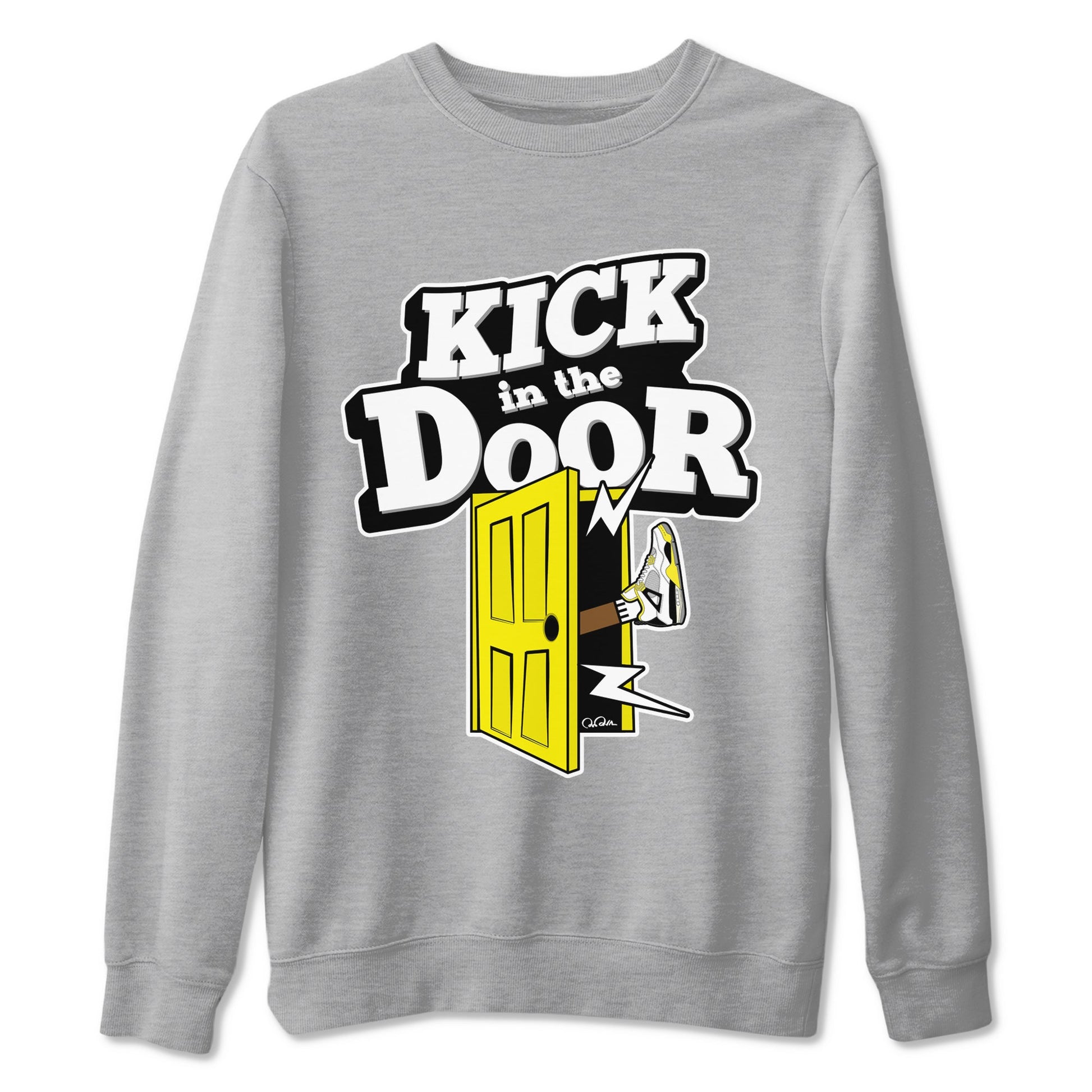 AJ4 Vivid Sulfur shirt to match jordans Kick In The Door sneaker tees Air Jordan 4 Vivid Sulfur SNRT Sneaker Release Tees unisex cotton Heather Grey 2 crew neck shirt