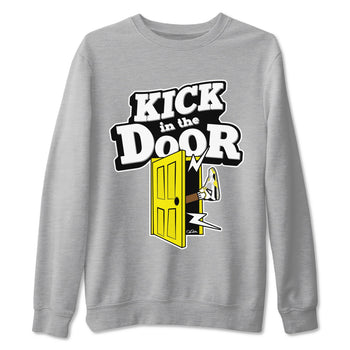 AJ4 Vivid Sulfur shirt to match jordans Kick In The Door sneaker tees Air Jordan 4 Vivid Sulfur SNRT Sneaker Release Tees unisex cotton Heather Grey 2 crew neck shirt