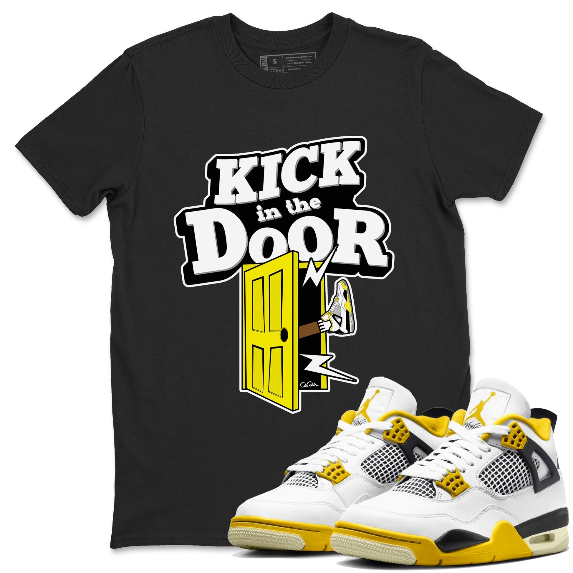 AJ4 Vivid Sulfur shirt to match jordans Kick In The Door sneaker tees Air Jordan 4 Vivid Sulfur SNRT Sneaker Release Tees unisex cotton Black 1 crew neck shirt