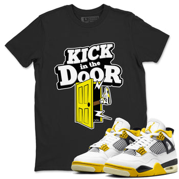 AJ4 Vivid Sulfur shirt to match jordans Kick In The Door sneaker tees Air Jordan 4 Vivid Sulfur SNRT Sneaker Release Tees unisex cotton Black 1 crew neck shirt