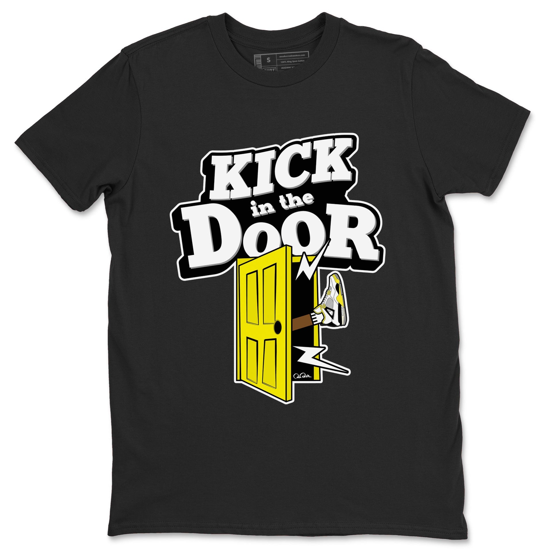 AJ4 Vivid Sulfur shirt to match jordans Kick In The Door sneaker tees Air Jordan 4 Vivid Sulfur SNRT Sneaker Release Tees unisex cotton Black 2 crew neck shirt
