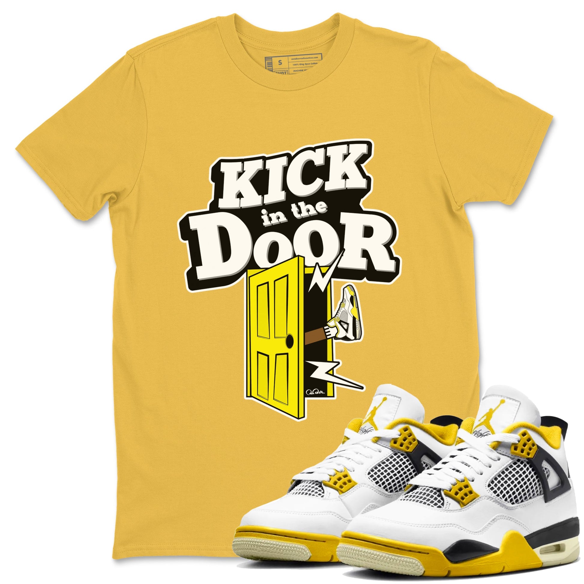 AJ4 Vivid Sulfur shirt to match jordans Kick In The Door sneaker tees Air Jordan 4 Vivid Sulfur SNRT Sneaker Release Tees unisex cotton Daisy 1 crew neck shirt
