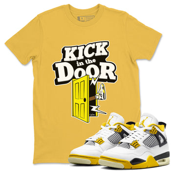 AJ4 Vivid Sulfur shirt to match jordans Kick In The Door sneaker tees Air Jordan 4 Vivid Sulfur SNRT Sneaker Release Tees unisex cotton Daisy 1 crew neck shirt