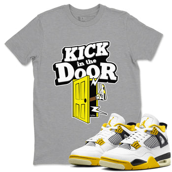 AJ4 Vivid Sulfur shirt to match jordans Kick In The Door sneaker tees Air Jordan 4 Vivid Sulfur SNRT Sneaker Release Tees unisex cotton Heather Grey 1 crew neck shirt