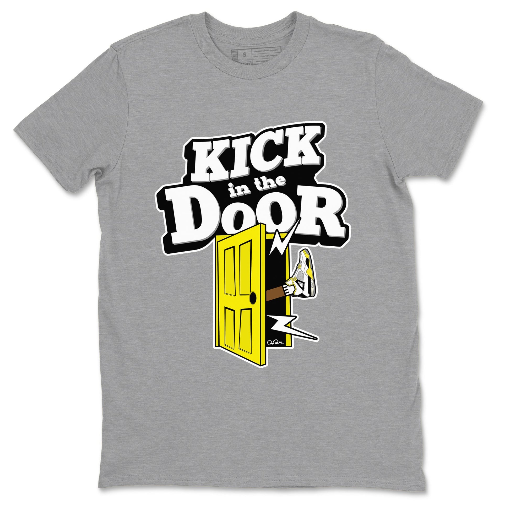 AJ4 Vivid Sulfur shirt to match jordans Kick In The Door sneaker tees Air Jordan 4 Vivid Sulfur SNRT Sneaker Release Tees unisex cotton Heather Grey 2 crew neck shirt