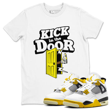 AJ4 Vivid Sulfur shirt to match jordans Kick In The Door sneaker tees Air Jordan 4 Vivid Sulfur SNRT Sneaker Release Tees unisex cotton White 1 crew neck shirt