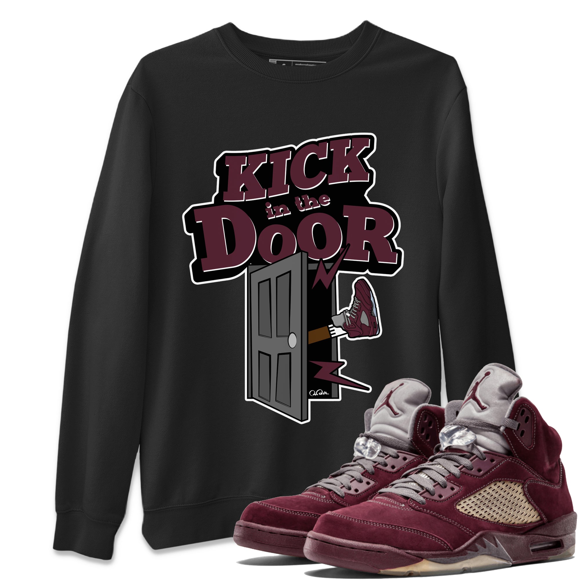 Air Jordan 5 Burgundy Sneaker Match Tees Kick In The Door Sneaker Tees AJ5 Burgundy Sneaker Release Tees Unisex Shirts Black 1