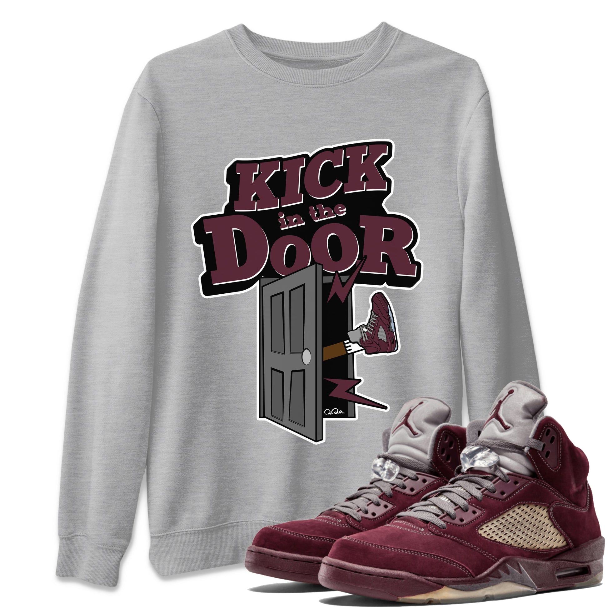Air Jordan 5 Burgundy Sneaker Match Tees Kick In The Door Sneaker Tees AJ5 Burgundy Sneaker Release Tees Unisex Shirts Heather Grey 1