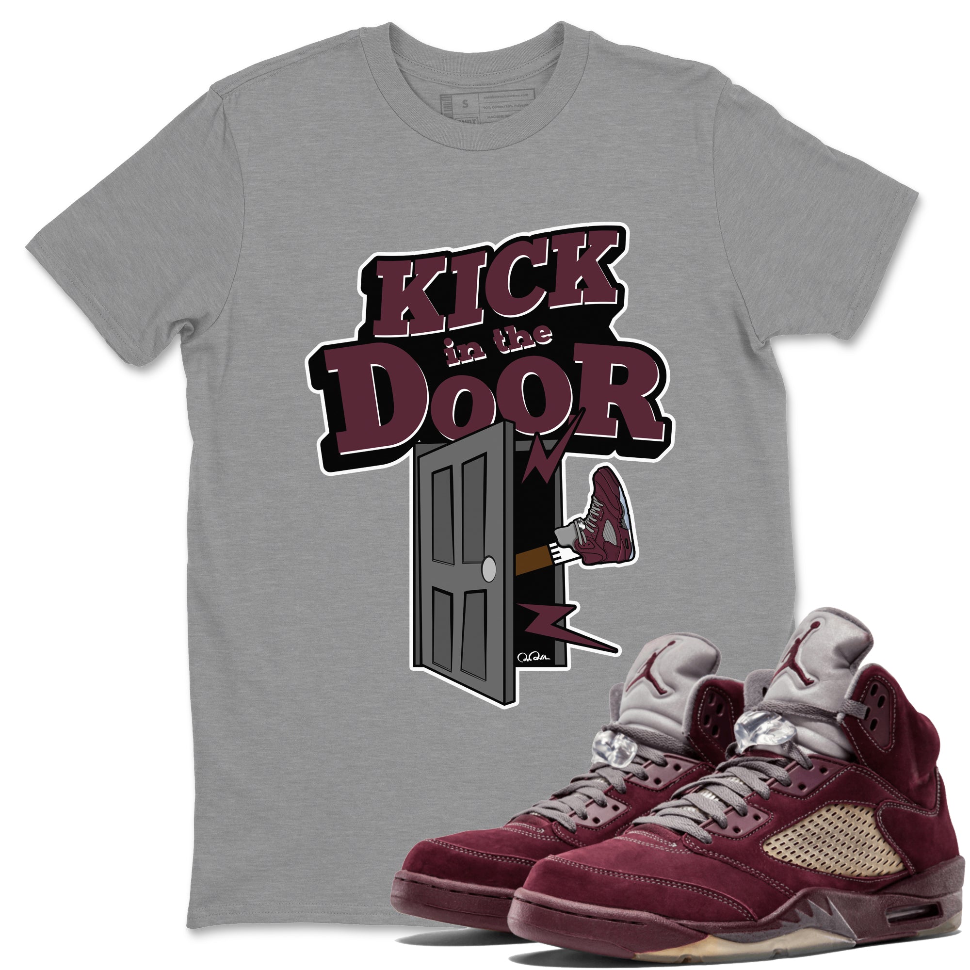 Air Jordan 5 Burgundy Sneaker Match Tees Kick In The Door Sneaker Tees AJ5 Burgundy Sneaker Release Tees Unisex Shirts Heather Grey 1