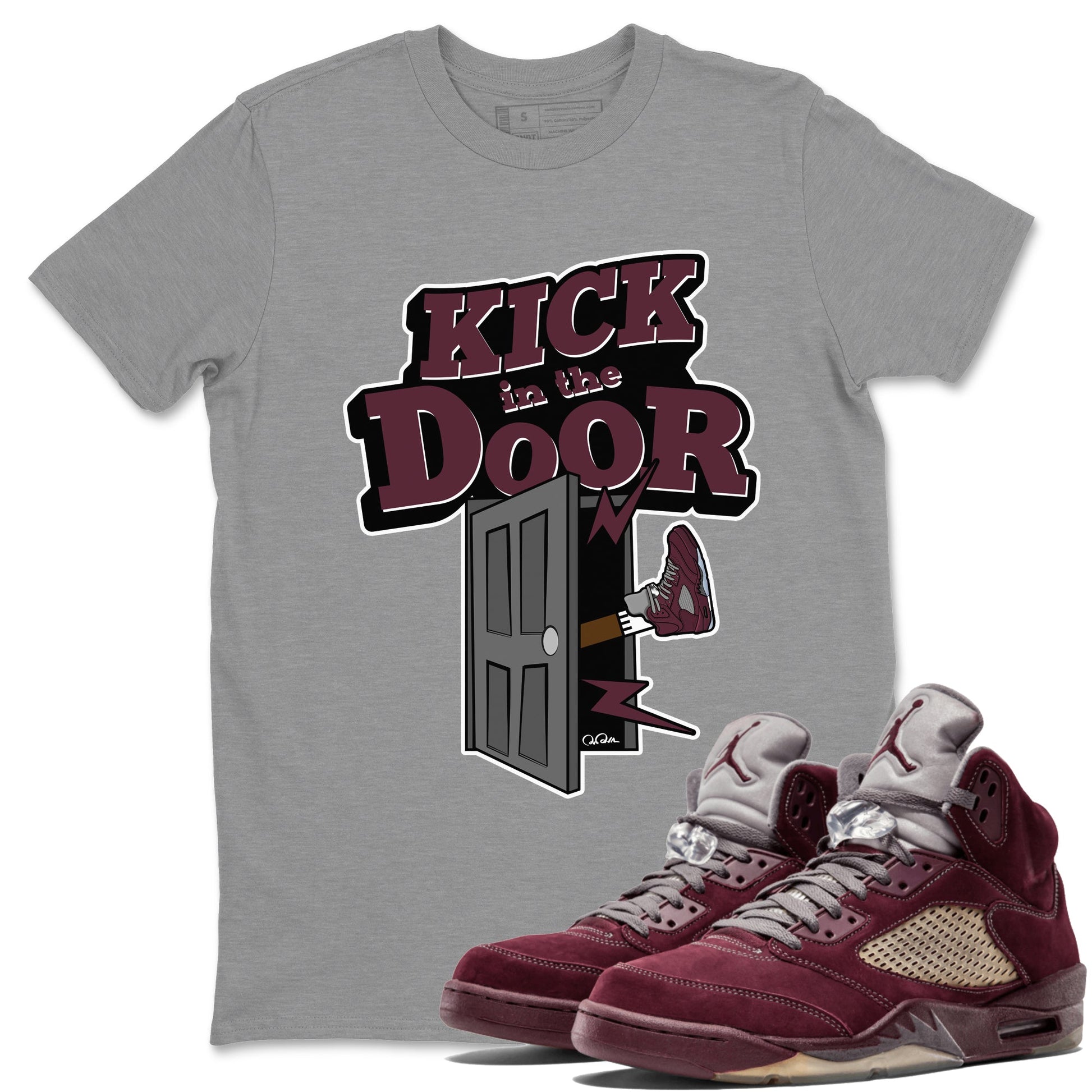 Air Jordan 5 Burgundy Sneaker Match Tees Kick In The Door Sneaker Tees AJ5 Burgundy Sneaker Release Tees Unisex Shirts Heather Grey 1