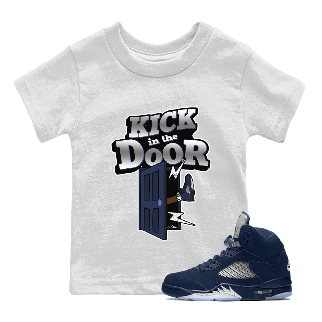Air Jordan 5 Georgetown Sneaker Match Tees Kick In The Door Sneaker Tees AJ5 Georgetown Sneaker Release Tees Kids Shirts White 1
