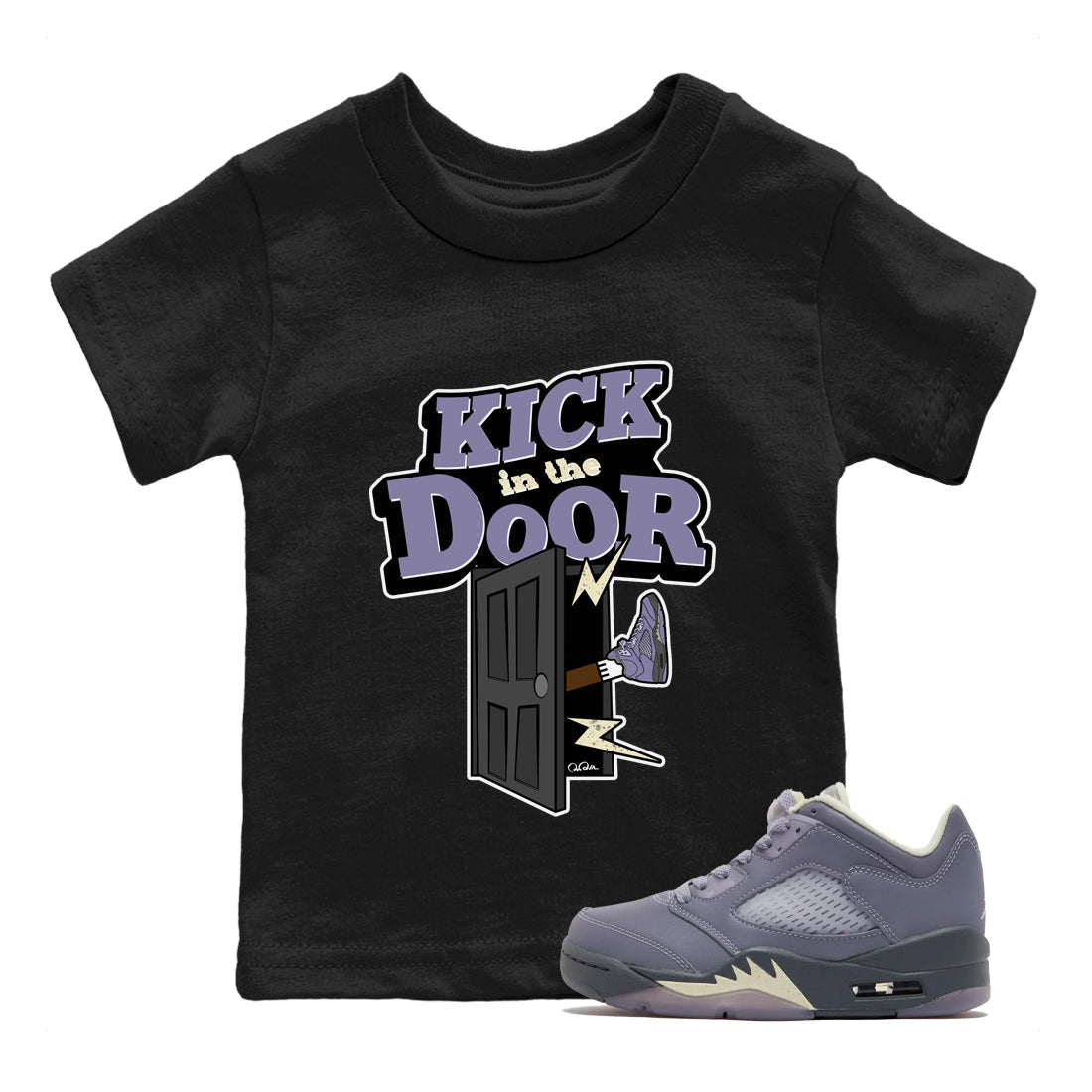 Air Jordan 5 Indigo Haze Sneaker Match Tees Kick In The Door Sneaker Tees AJ5 Indigo Haze Sneaker Release Tees Kids Shirts Black 1