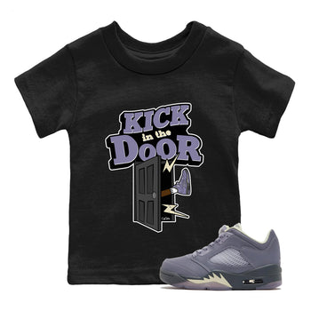 Air Jordan 5 Indigo Haze Sneaker Match Tees Kick In The Door Sneaker Tees AJ5 Indigo Haze Sneaker Release Tees Kids Shirts Black 1