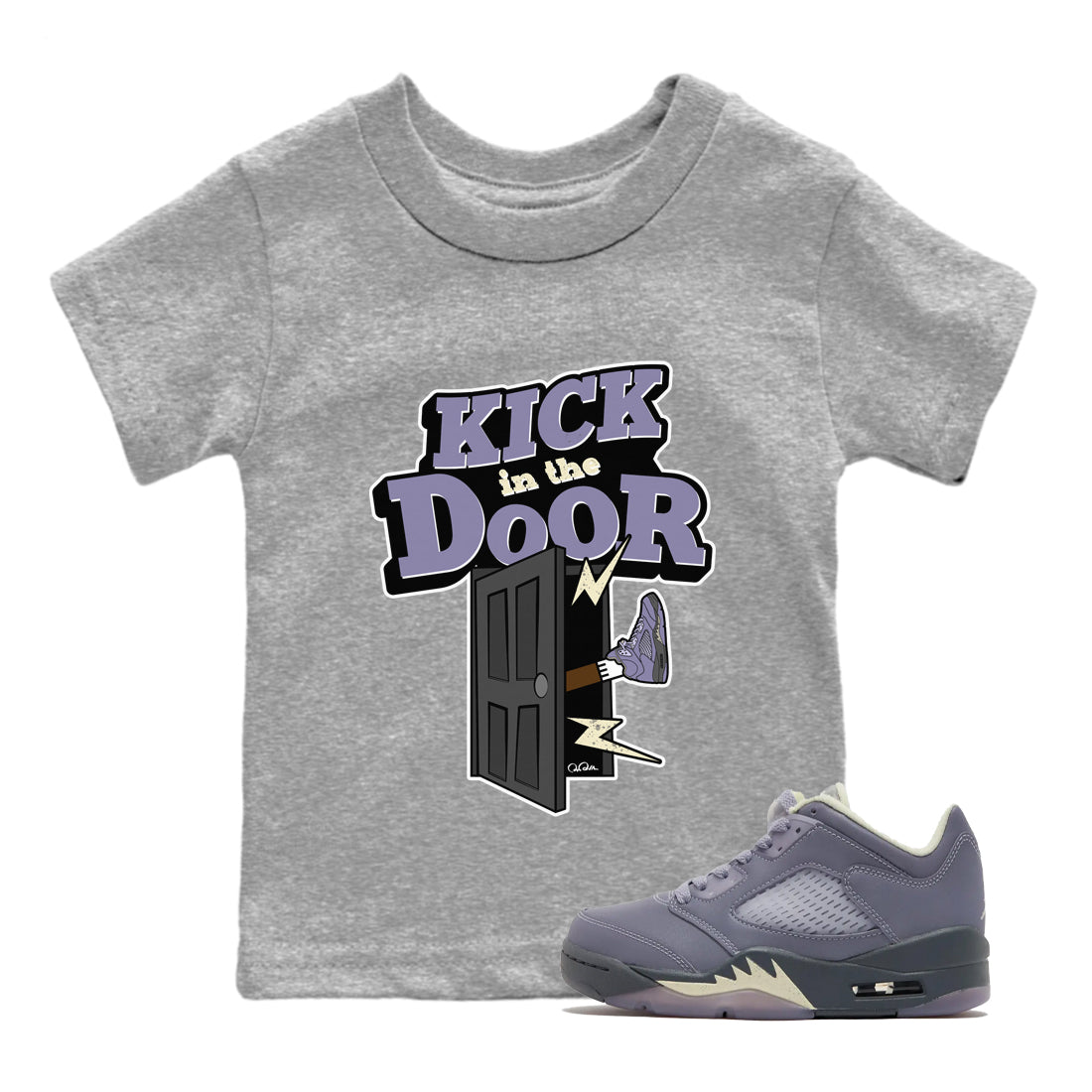 Air Jordan 5 Indigo Haze Sneaker Match Tees Kick In The Door Sneaker Tees AJ5 Indigo Haze Sneaker Release Tees Kids Shirts Heather Grey 1