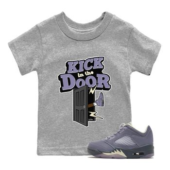 Air Jordan 5 Indigo Haze Sneaker Match Tees Kick In The Door Sneaker Tees AJ5 Indigo Haze Sneaker Release Tees Kids Shirts Heather Grey 1
