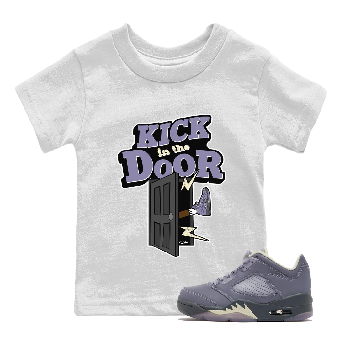 Air Jordan 5 Indigo Haze Sneaker Match Tees Kick In The Door Sneaker Tees AJ5 Indigo Haze Sneaker Release Tees Kids Shirts White 1
