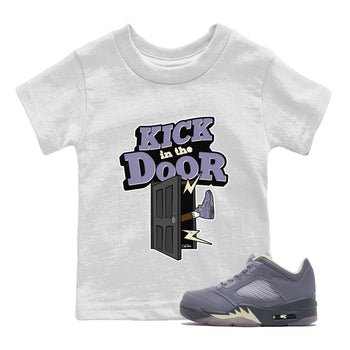 Air Jordan 5 Indigo Haze Sneaker Match Tees Kick In The Door Sneaker Tees AJ5 Indigo Haze Sneaker Release Tees Kids Shirts White 1