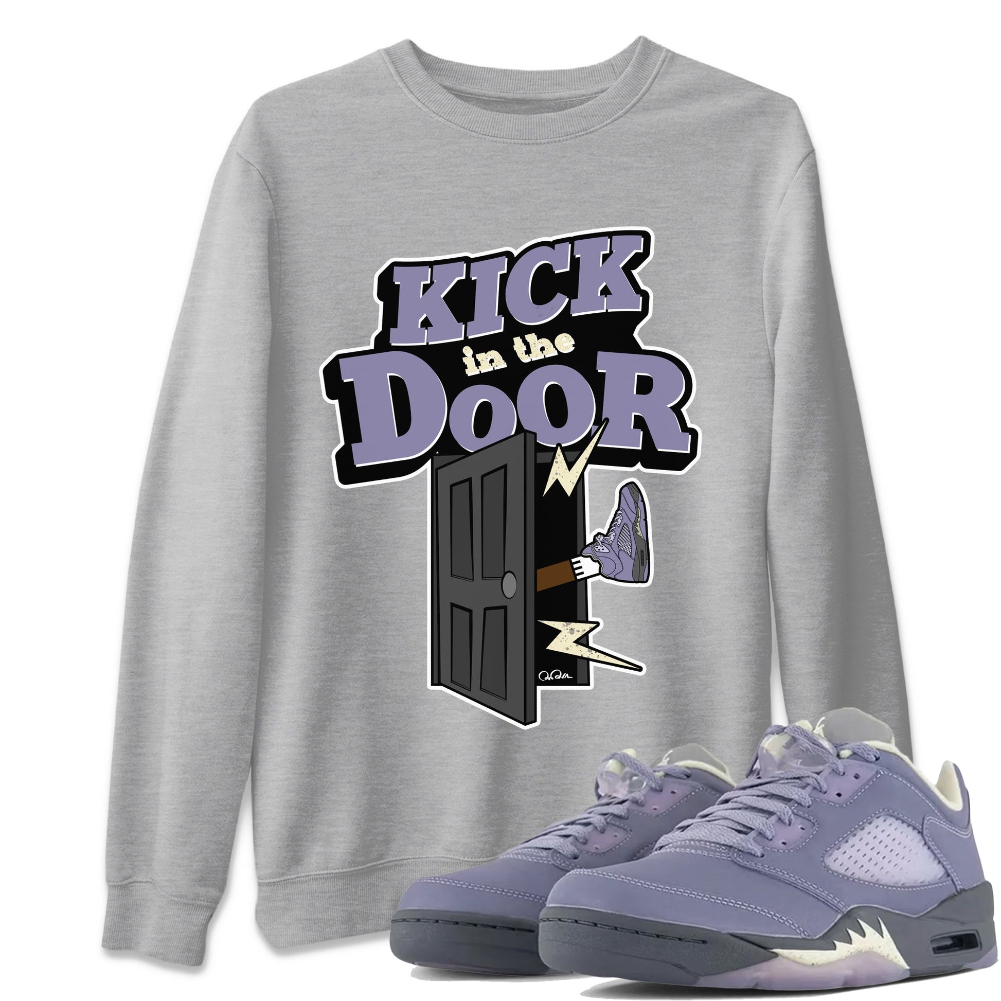 Air Jordan 5 Indigo Haze Sneaker Match Tees Kick In The Door Sneaker Tees AJ5 Indigo Haze Sneaker Release Tees Unisex Shirts Heather Grey 1