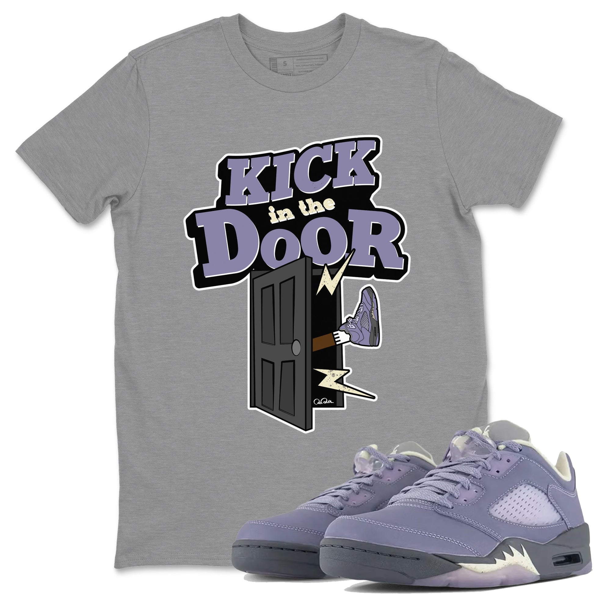 Air Jordan 5 Indigo Haze Sneaker Match Tees Kick In The Door Sneaker Tees AJ5 Indigo Haze Sneaker Release Tees Unisex Shirts Heather Grey 1