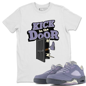 Air Jordan 5 Indigo Haze Sneaker Match Tees Kick In The Door Sneaker Tees AJ5 Indigo Haze Sneaker Release Tees Unisex Shirts White 1